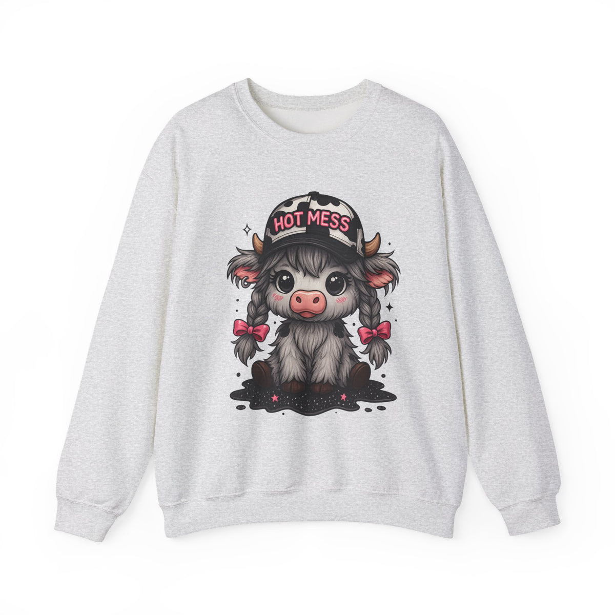 Cute Highland Cow 'Hot Mess' In Braids – Gildan Heavy Blend | Trendy Women’s Soft Sweatshirt. Direct to Garment. Printed & Shipped in the USA. Unisex Sizes.