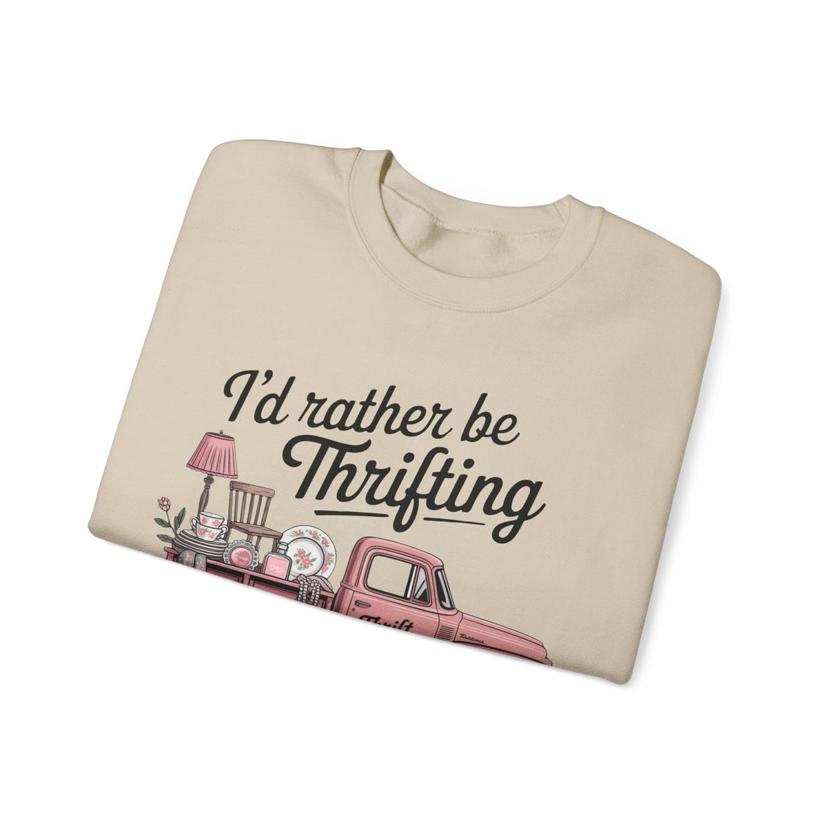 I'd Rather Be Thrifting. Pink Vintage Truck – Gildan Heavy Blend | Trendy Women’s Soft Sweatshirt. Direct to Garment. Printed & Shipped in the USA. Unisex Sizes.
