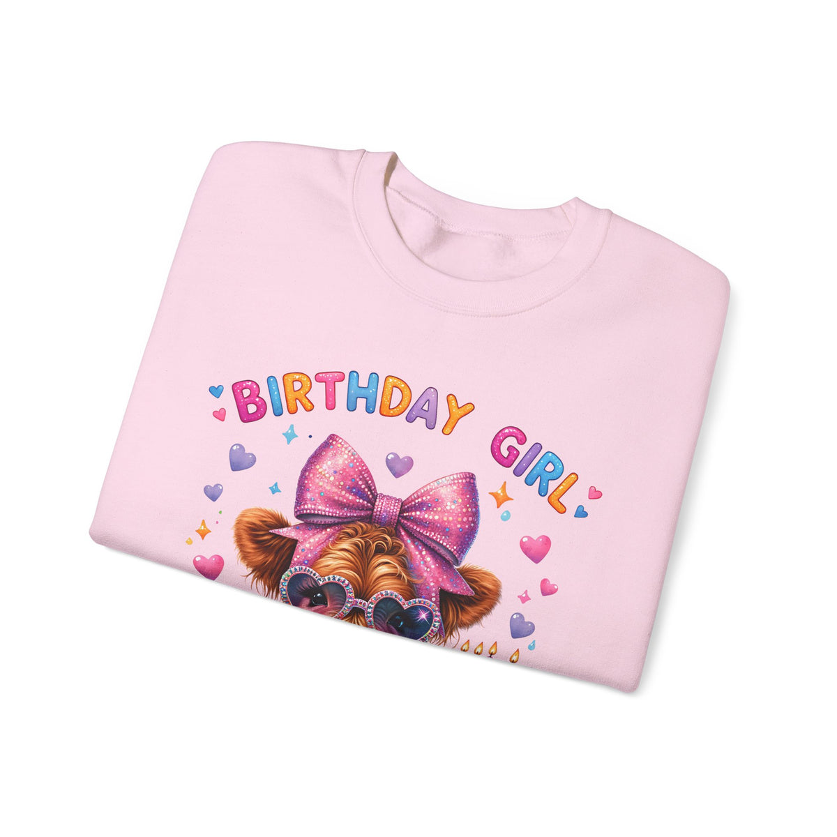 Birthday Girl, Highland Cow – Gildan Heavy Blend | Trendy Women’s Soft Sweatshirt. Direct to Garment. Printed & Shipped in the USA. Unisex Sizes.