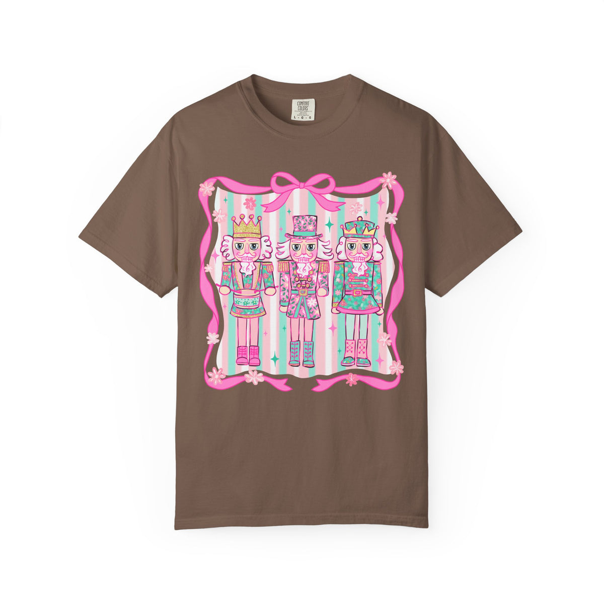 Coquette Pastel Christmas Nutcracker Trio Pink and Green - Comfort Colors | Trendy Women's T-Shirt. Direct to Garment. Printed & Shipped in the USA. Unisex Sizes.