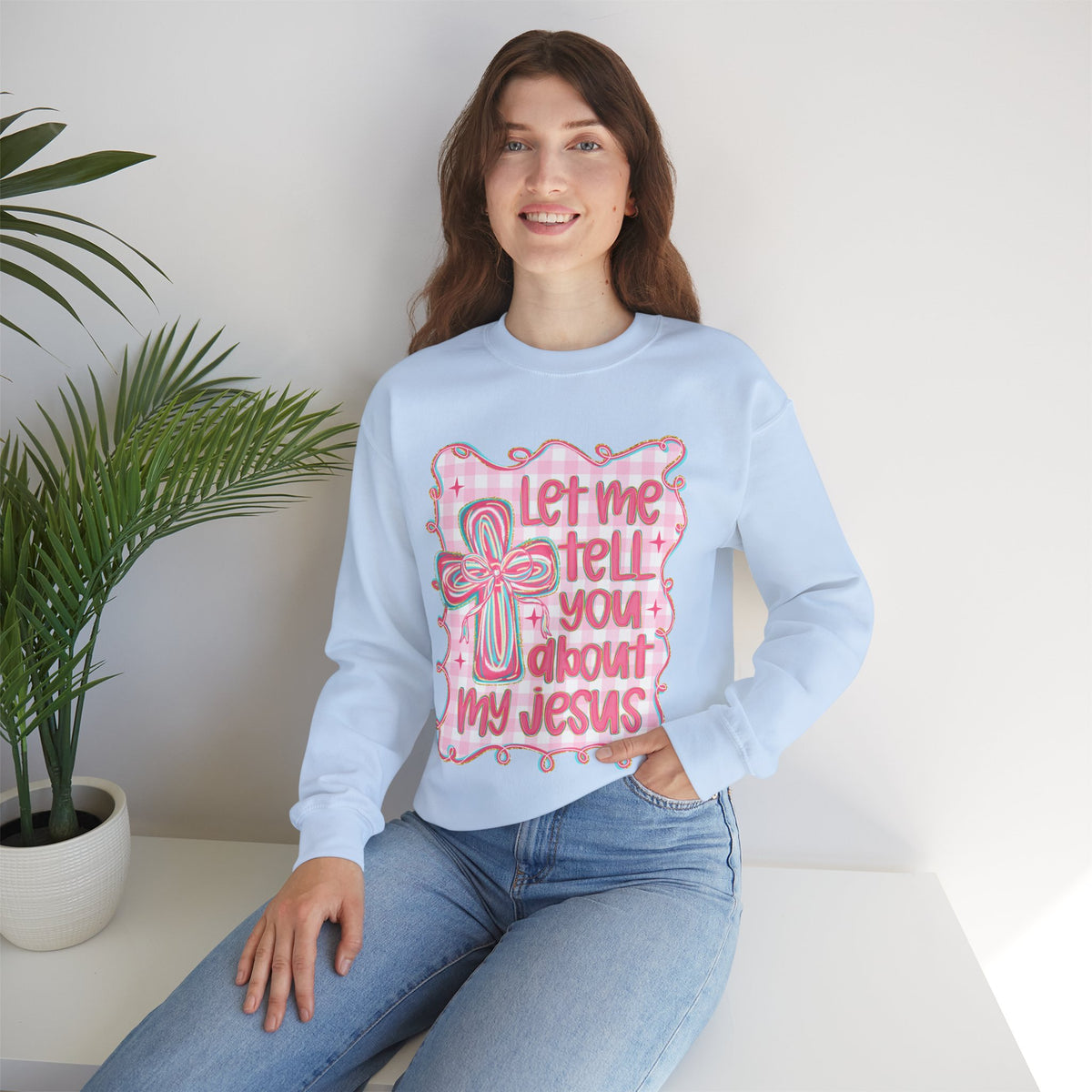 Let Me Tell You About My Jesus, Pink and Green – Gildan Heavy Blend | Trendy Women’s Soft Sweatshirt. Direct to Garment. Printed & Shipped in the USA. Unisex Sizes.