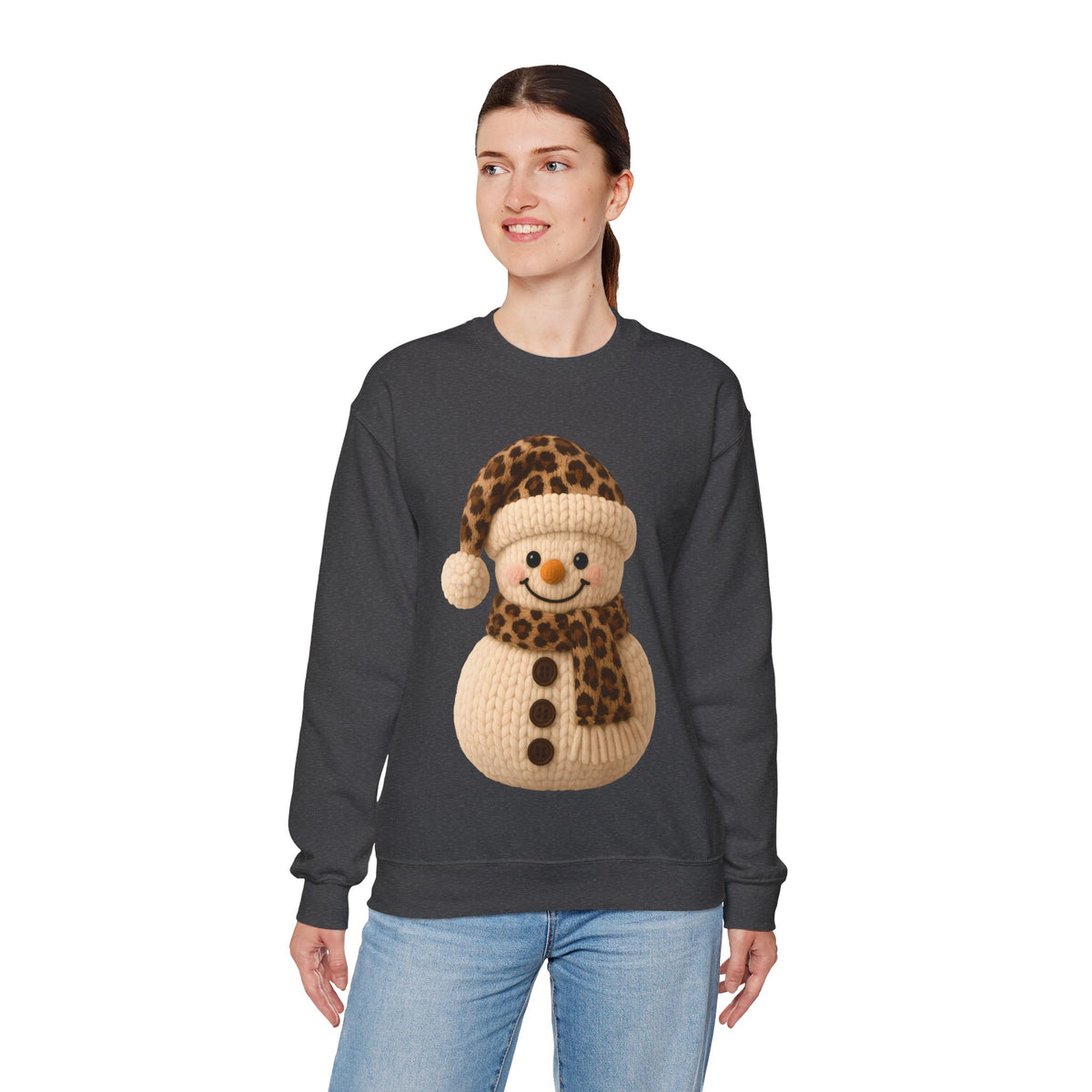 Cute Leopard Faux Knit Snowman Winter – Gildan Heavy Blend | Trendy Women’s Soft Sweatshirt. Direct to Garment. Printed & Shipped in the USA. Unisex Sizes.