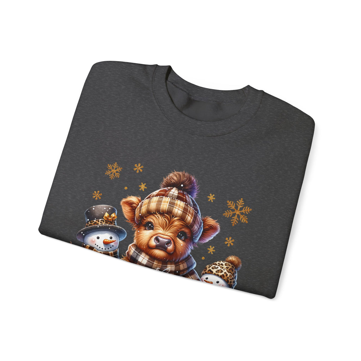 Cute Highland Cow with Snowmen, Winter – Gildan Heavy Blend | Trendy Women’s Soft Sweatshirt. Direct to Garment. Printed & Shipped in the USA. Unisex Sizes.