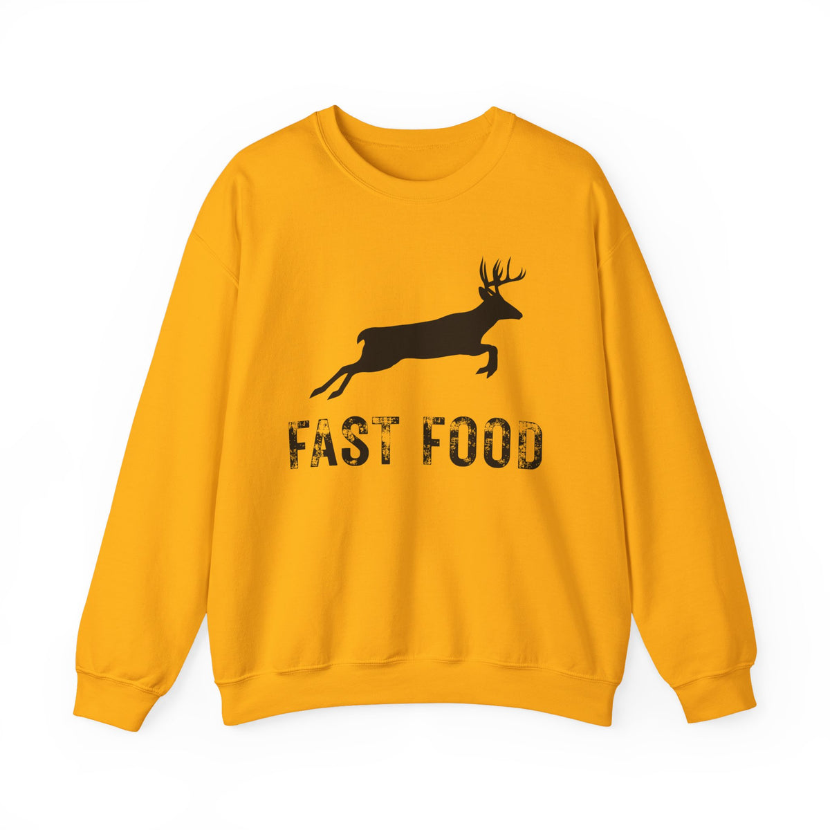 Fast Food Deer Hunting Humor Distressed – Gildan Heavy Blend | Trendy Men's and Women’s Soft Sweatshirt. Direct to Garment. Printed & Shipped in the USA. Unisex Sizes.