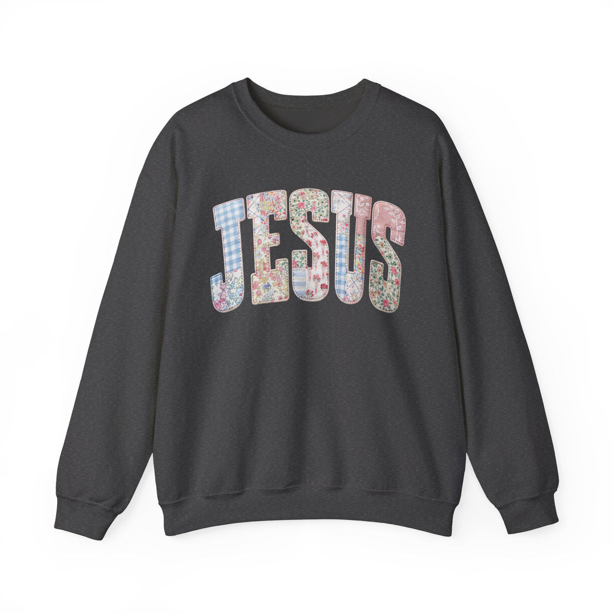 Jesus faux Patchwork – Gildan Heavy Blend | Trendy Women’s Soft Sweatshirt. Direct to Garment. Printed & Shipped in the USA. Unisex Sizes.