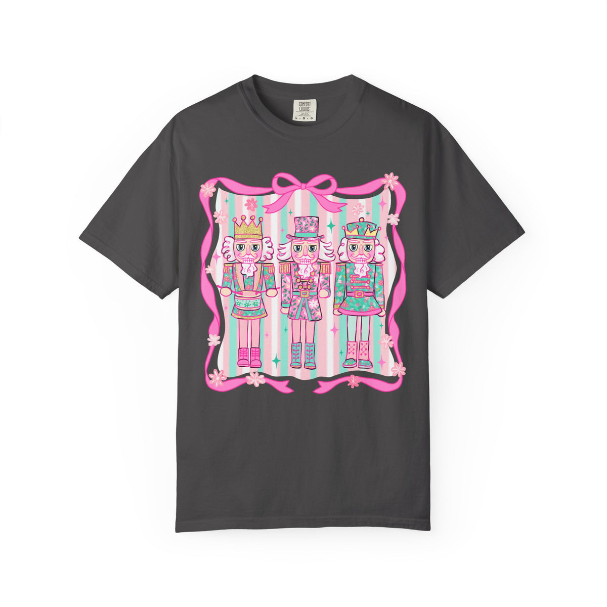 Coquette Pastel Christmas Nutcracker Trio Pink and Green - Comfort Colors | Trendy Women's T-Shirt. Direct to Garment. Printed & Shipped in the USA. Unisex Sizes.