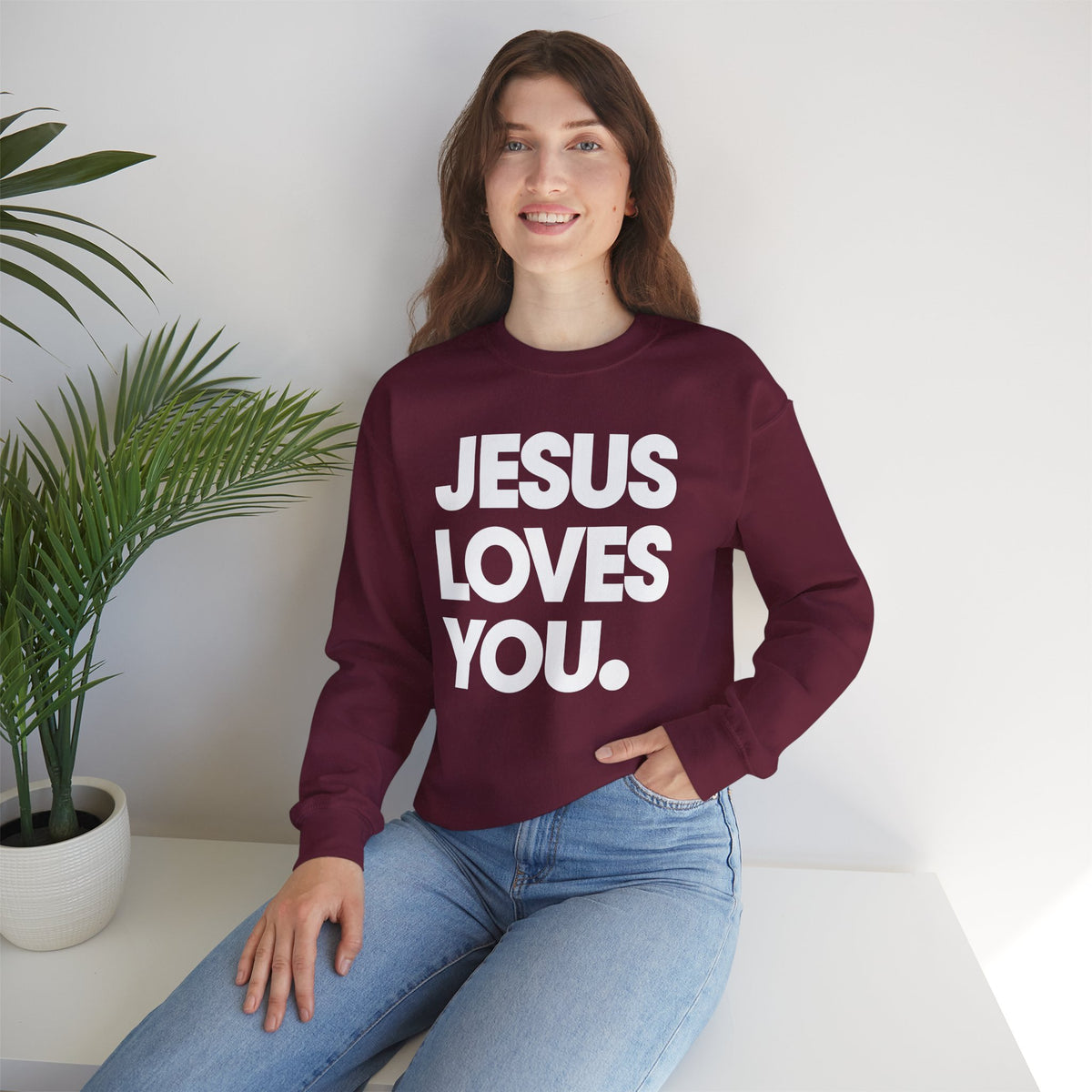 Jesus Loves You – Gildan Heavy Blend | Trendy Women’s and Men's Soft Sweatshirt. Direct to Garment. Printed & Shipped in the USA. Unisex Sizes.
