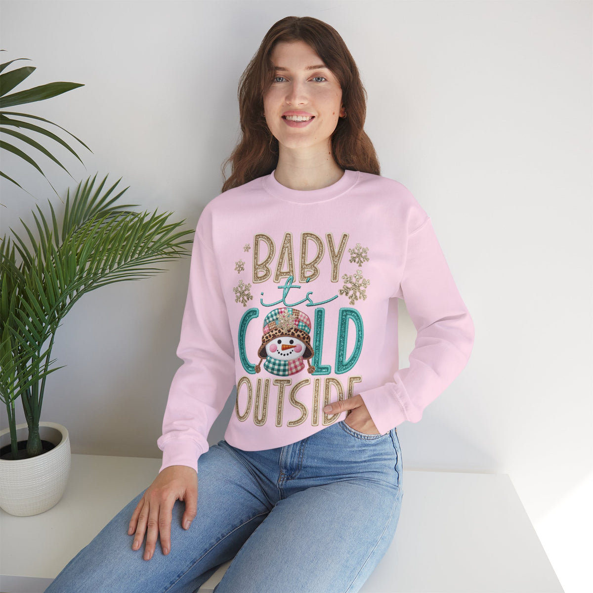 Baby It's Cold Outside Snowman – Gildan Heavy Blend | Trendy Women’s Soft Sweatshirt. Direct to Garment. Printed & Shipped in the USA. Unisex Sizes.
