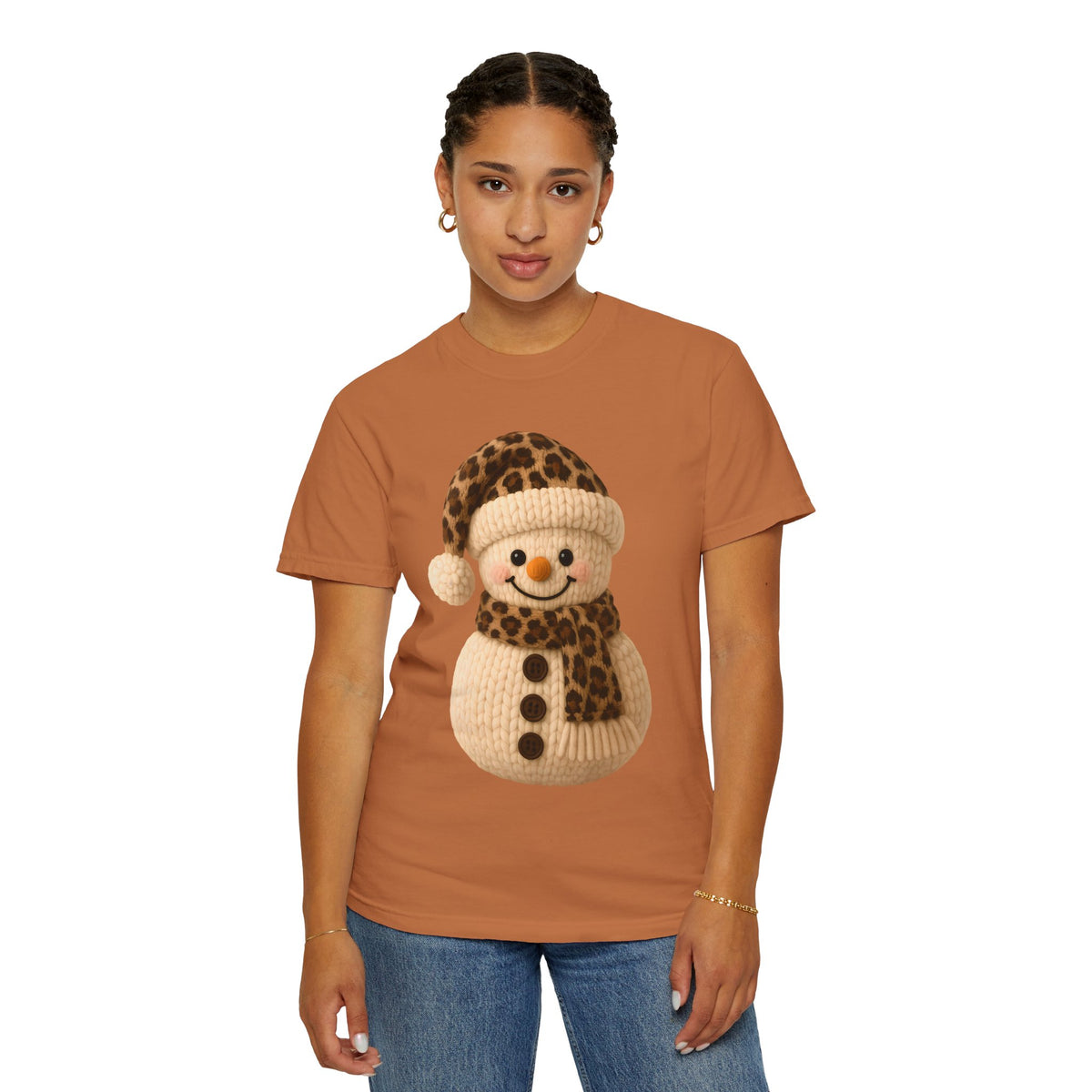Cute Leopard Faux Knit Snowman Winter - Comfort Colors | Trendy Women's T-Shirt. Direct to Garment. Printed & Shipped in the USA. Unisex Sizes.