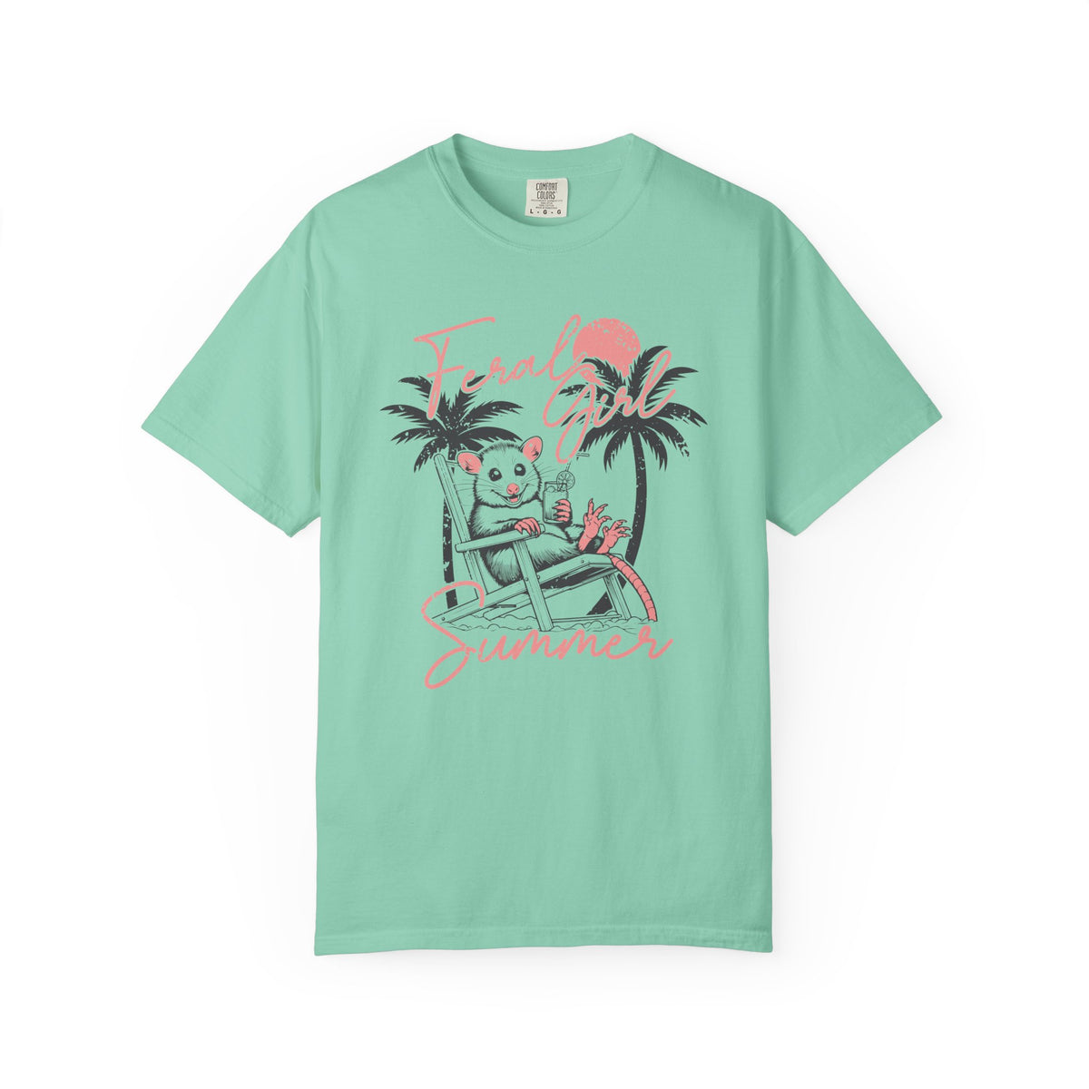 Feral Girl Summer, Possum on a Beach - Comfort Colors | Trendy Women's T-Shirt. Direct to Garment. Printed & Shipped in the USA. Unisex Sizes.