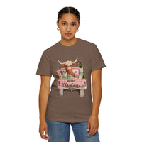 Highland Cow in Pink Truck Merry Christmas Holiday Farmhouse - Comfort Colors | Trendy Women's T-Shirt. Direct to Garment. Printed & Shipped in the USA. Unisex Sizes.