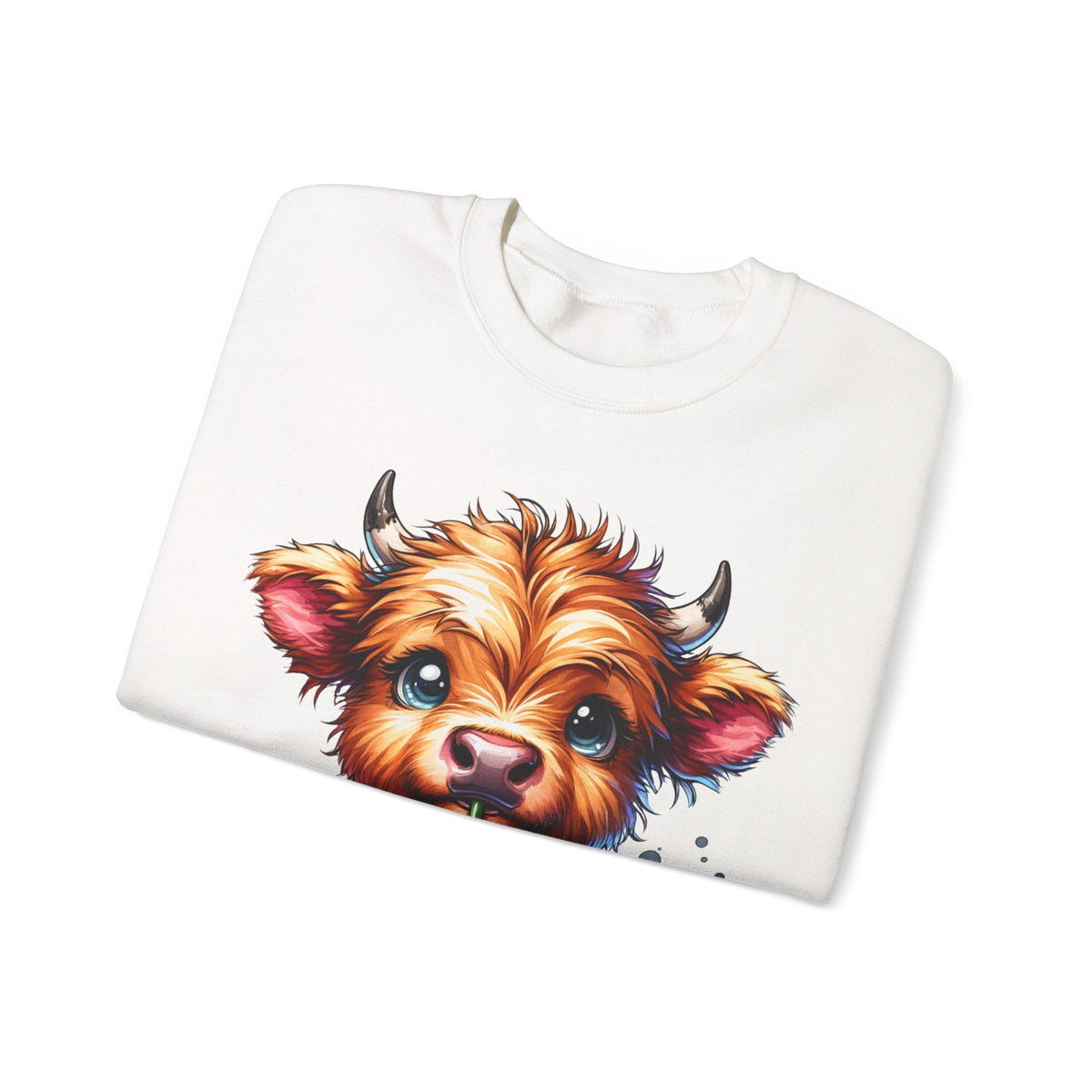 Coffee Addict Highland Cow Drinking Iced Coffee – Gildan Heavy Blend | Trendy Women’s Soft Sweatshirt. Direct to Garment. Printed & Shipped in the USA. Unisex Sizes.