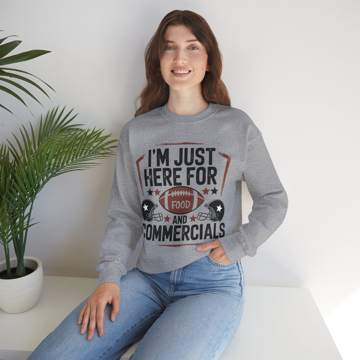 I'm Just Here for Food and Commercials – Gildan Heavy Blend | Trendy Women’s and Men's Soft Sweatshirt. Direct to Garment. Printed & Shipped in the USA. Unisex Sizes.