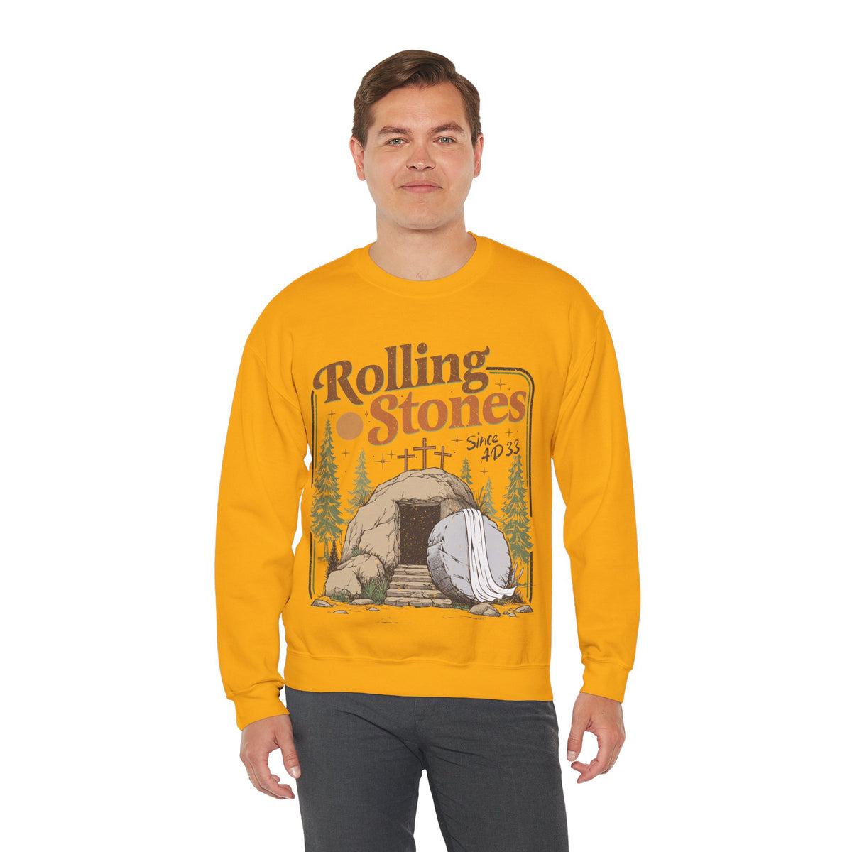 Rolling Stones "Since AD33" Easter Empty Tomb Christian – Gildan Heavy Blend | Trendy Men's and Women’s Soft Sweatshirt. Direct to Garment. Printed & Shipped in the USA. Unisex Sizes.