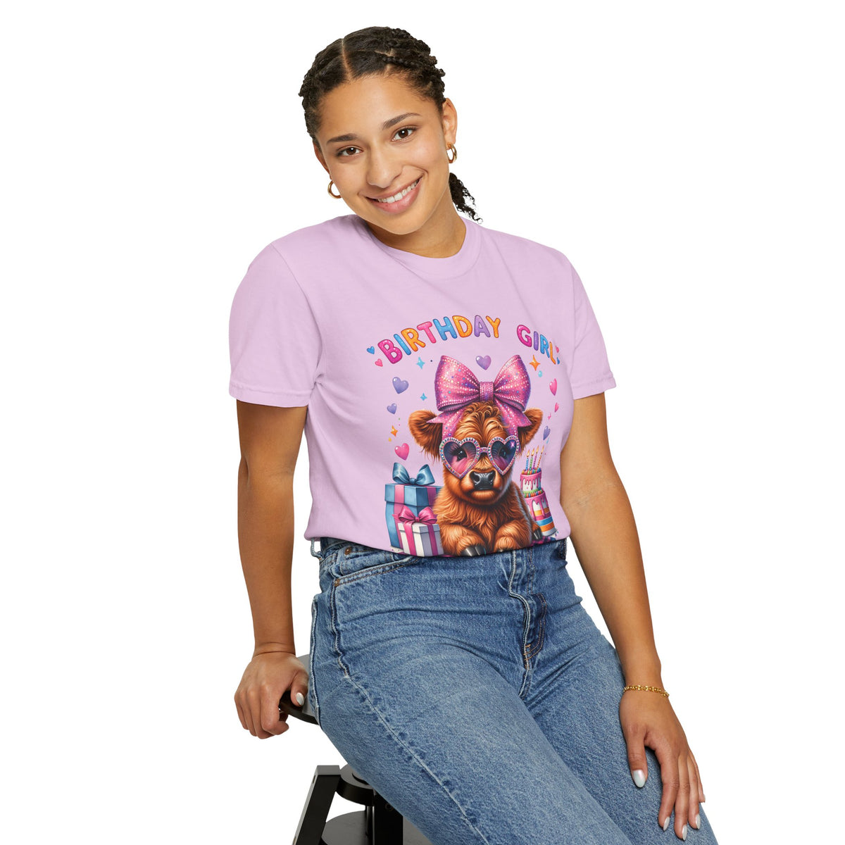 Birthday Girl, Highland Cow - Comfort Colors | Trendy Women's T-Shirt. Direct to Garment. Printed & Shipped in the USA. Unisex Sizes.