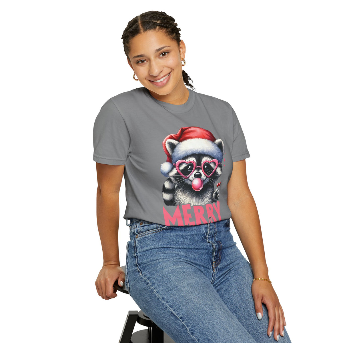 Merry Trashmas Bubblegum Raccoon w/Santa Hat Christmas - Comfort Colors | Trendy Women's T-Shirt. Direct to Garment. Printed & Shipped in the USA. Unisex Sizes.
