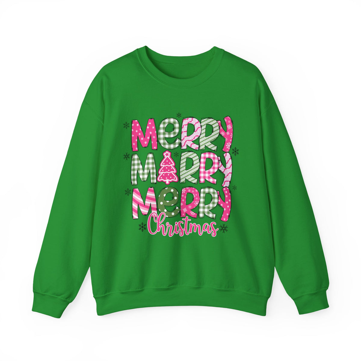 Merry Merry Merry Christmas Festive Candy Cane - Pink and Green – Gildan Heavy Blend | Trendy Women’s Soft Sweatshirt. Direct to Garment. Printed & Shipped in the USA. Unisex Sizes.