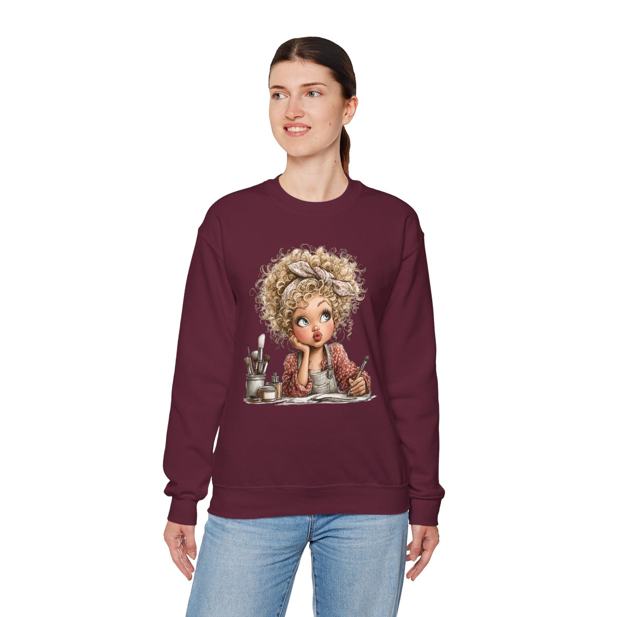Cute Artist Curly Girl – Gildan Heavy Blend | Trendy Women’s Soft Sweatshirt. Direct to Garment. Printed & Shipped in the USA. Unisex Sizes.