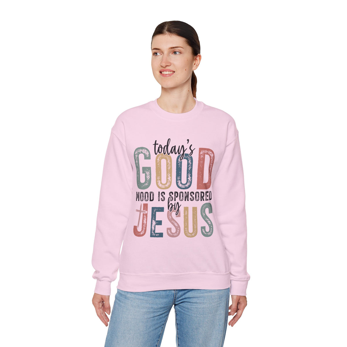 Today's Good Mood Sponsored By Jesus, Christian, Faith – Gildan Heavy Blend | Trendy Women’s Soft Sweatshirt. Direct to Garment. Printed & Shipped in the USA. Unisex Sizes.