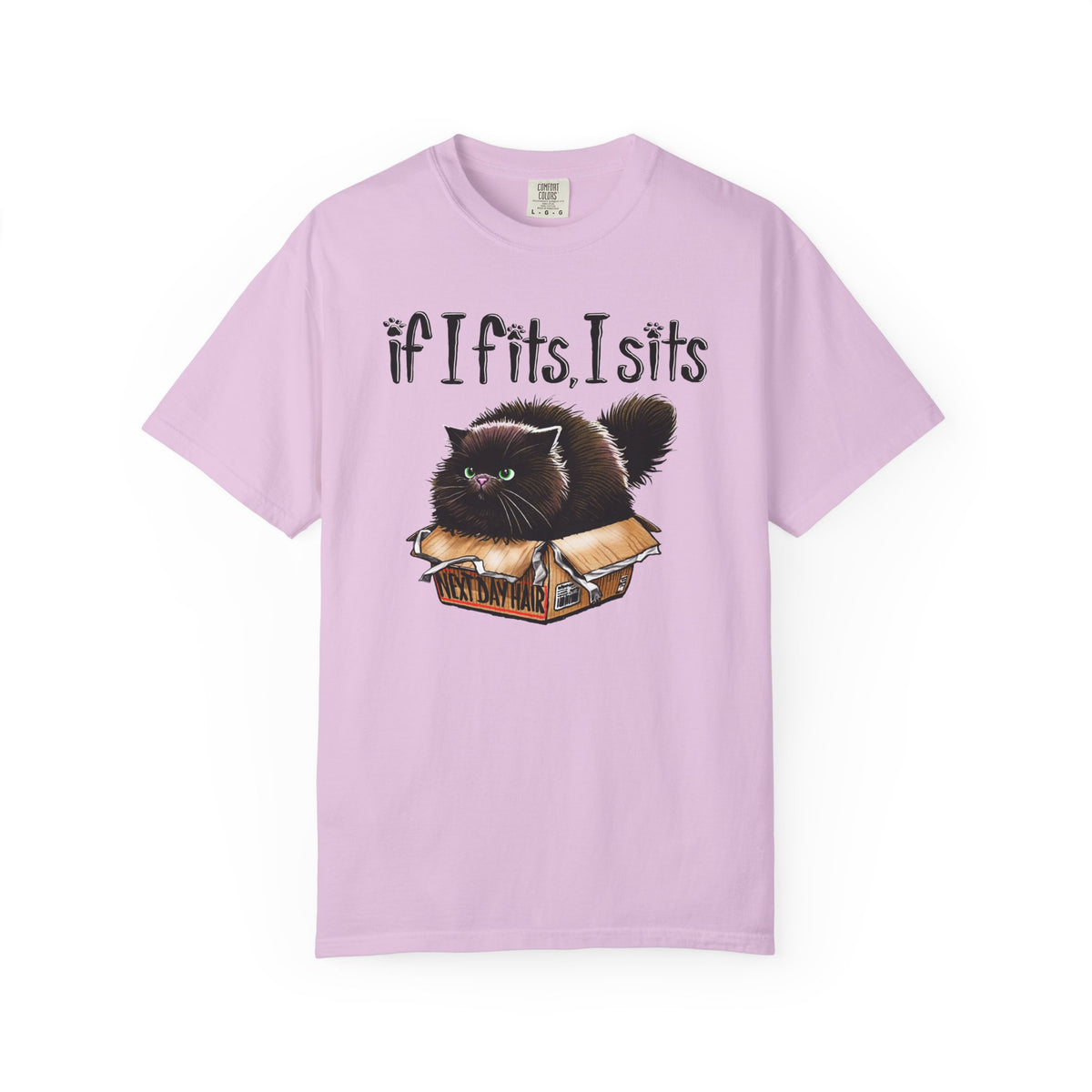 If I Fits I Sits, Cat in a Box - Comfort Colors | Trendy Women's and Men's T-Shirt. Direct to Garment. Printed & Shipped in the USA. Unisex Sizes.