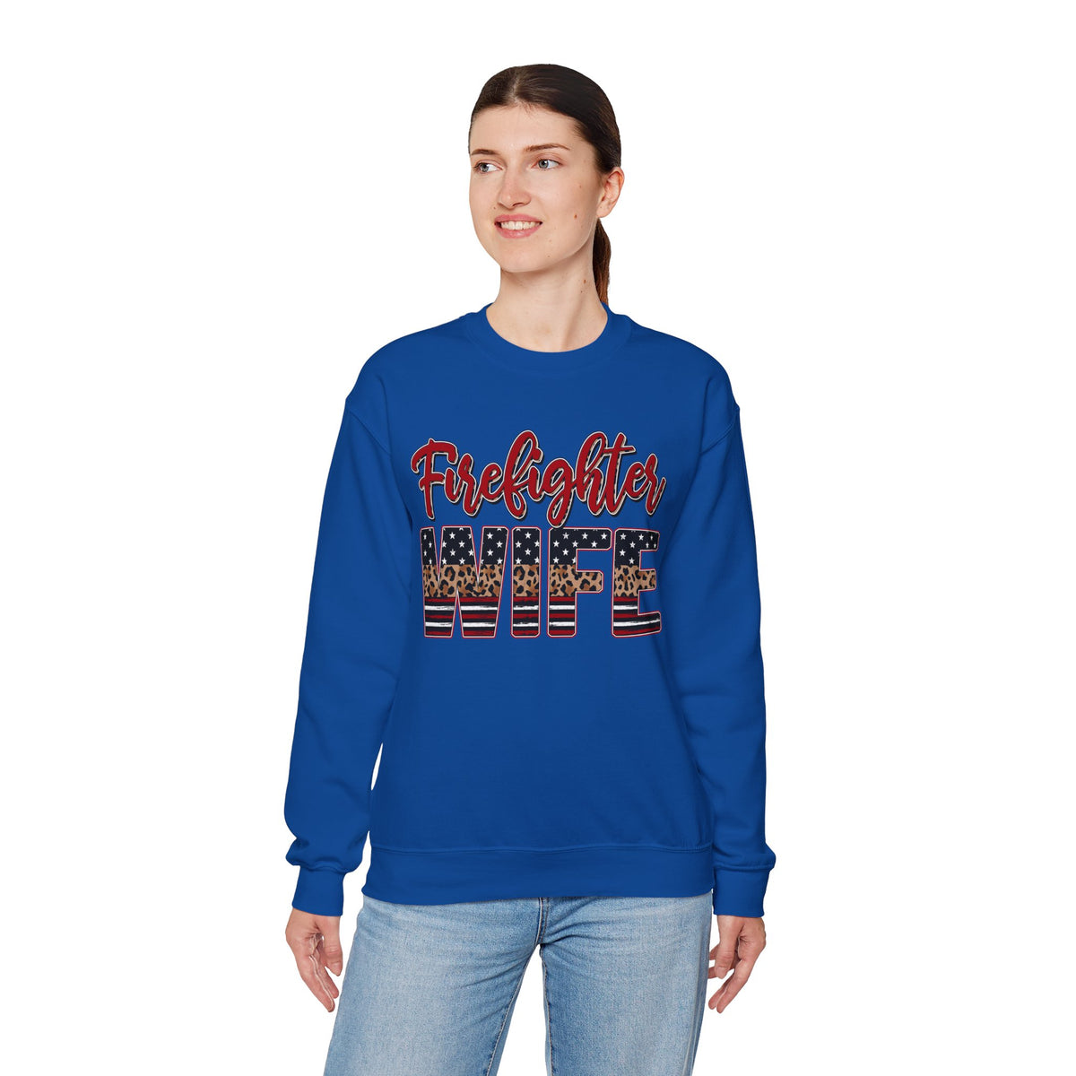 Firefighter Wife Patriotic Flag Lettering for Firefighter Spouse – Gildan Heavy Blend | Trendy Women’s Soft Sweatshirt. Direct to Garment. Printed & Shipped in the USA. Unisex Sizes.