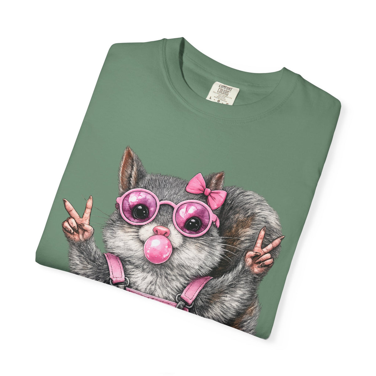 Cute But Feral, Squirrel in Pink Bibs - Comfort Colors | Trendy Women's T-Shirt. Direct to Garment. Printed & Shipped in the USA. Unisex Sizes.