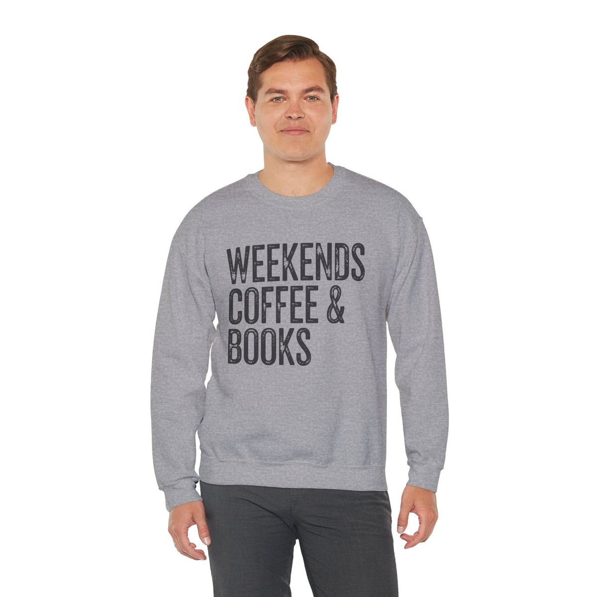 Weekends, Coffee & Books – Gildan Heavy Blend | Trendy Women’s and Men's Soft Sweatshirt. Direct to Garment. Printed & Shipped in the USA. Unisex Sizes.