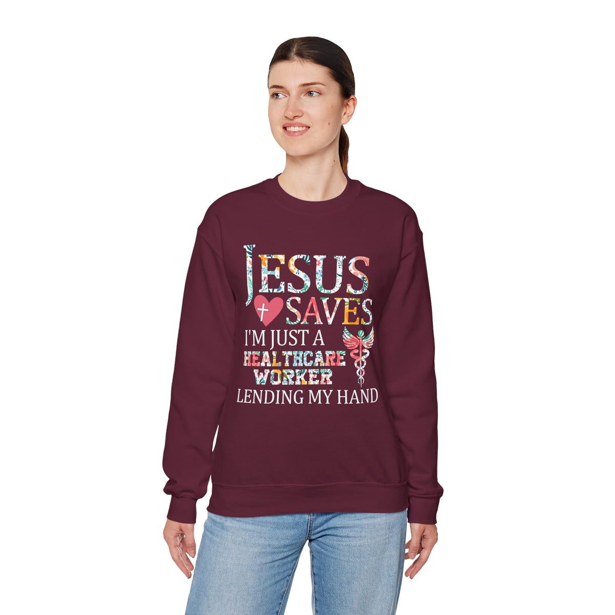 Jesus Saves - Healthcare Worker Lending My Hand – Gildan Heavy Blend | Trendy Women’s Soft Sweatshirt. Direct to Garment. Printed & Shipped in the USA. Unisex Sizes.