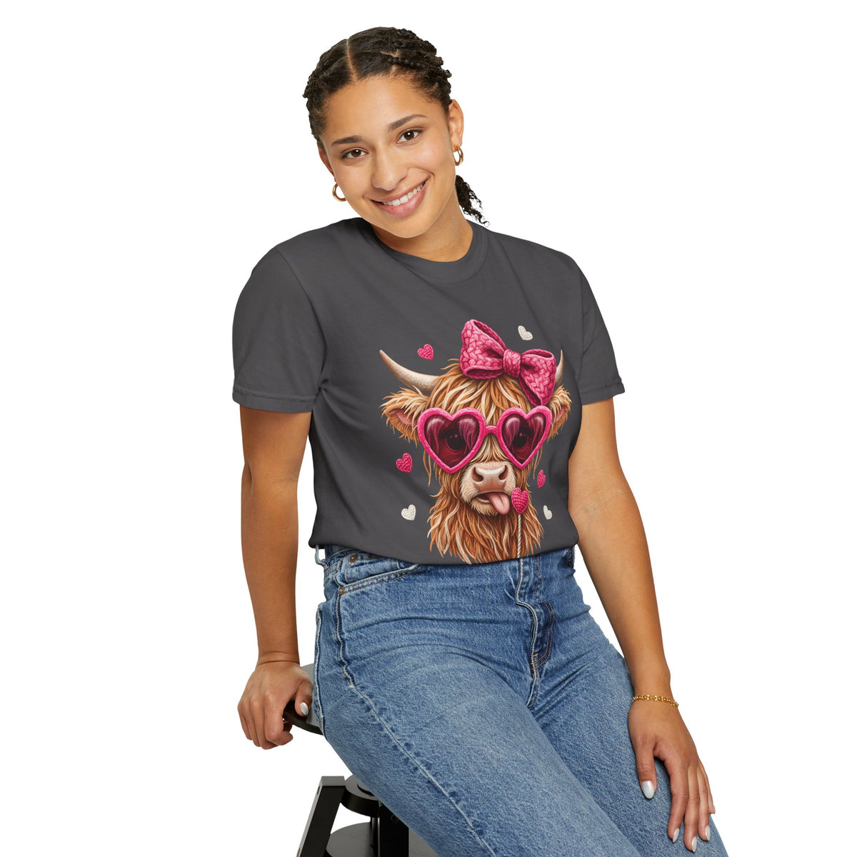 Highland Cow - Pink Heart Shaped Glasses - Comfort Colors | Trendy Women's T-Shirt. Direct to Garment. Printed & Shipped in the USA. Unisex Sizes.