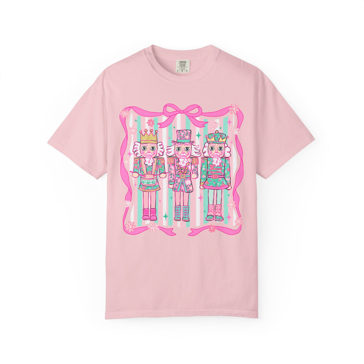 Coquette Pastel Christmas Nutcracker Trio Pink and Green - Comfort Colors | Trendy Women's T-Shirt. Direct to Garment. Printed & Shipped in the USA. Unisex Sizes.