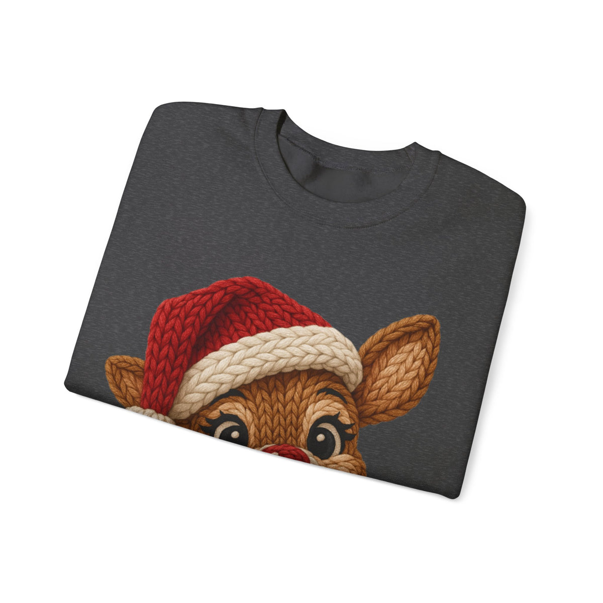 Cute Rudolph Faux Knit Look Reindeer w/Santa Hat – Gildan Heavy Blend | Trendy Women’s Soft Sweatshirt. Direct to Garment. Printed & Shipped in the USA. Unisex Sizes.
