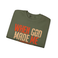 When God Made Me "This'll Be Fun" Christian Faith Distressed – Gildan Heavy Blend | Trendy Women’s and Men's Soft Sweatshirt. Direct to Garment. Printed & Shipped in the USA. Unisex Sizes.