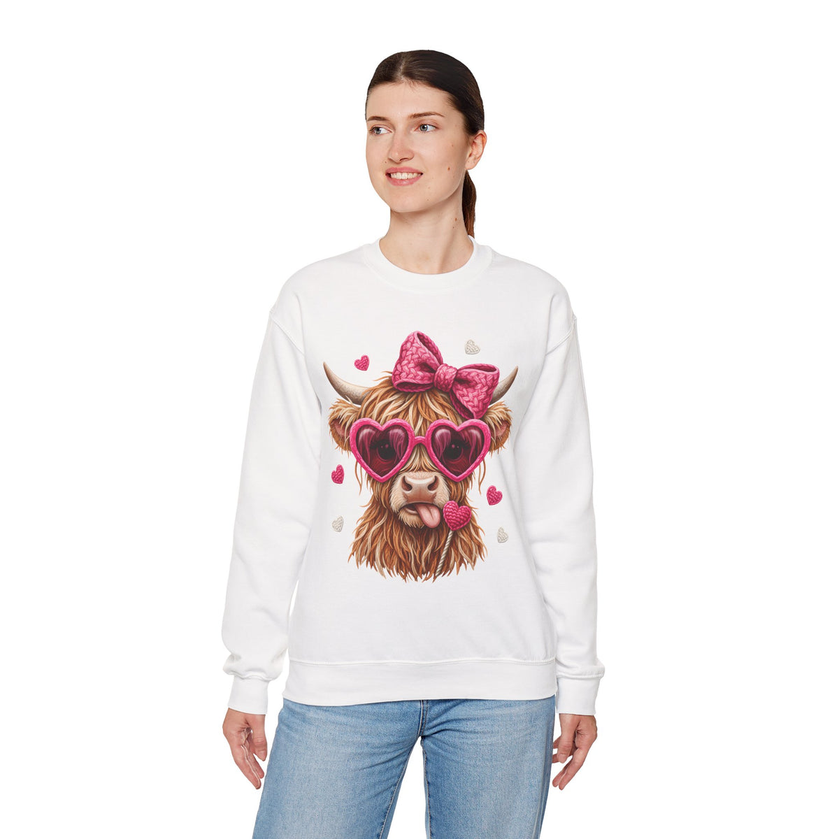 Highland Cow - Pink Heart Shaped Glasses – Gildan Heavy Blend | Trendy Women’s Soft Sweatshirt. Direct to Garment. Printed & Shipped in the USA. Unisex Sizes.