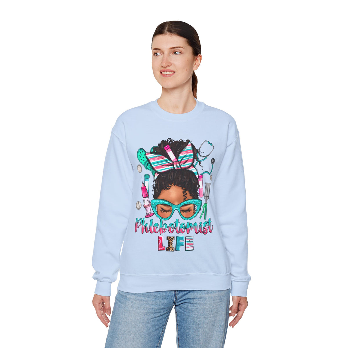 Phlebotomist Life, Messy Bun – Gildan Heavy Blend | Trendy Women’s Soft Sweatshirt. Direct to Garment. Printed & Shipped in the USA. Unisex Sizes.