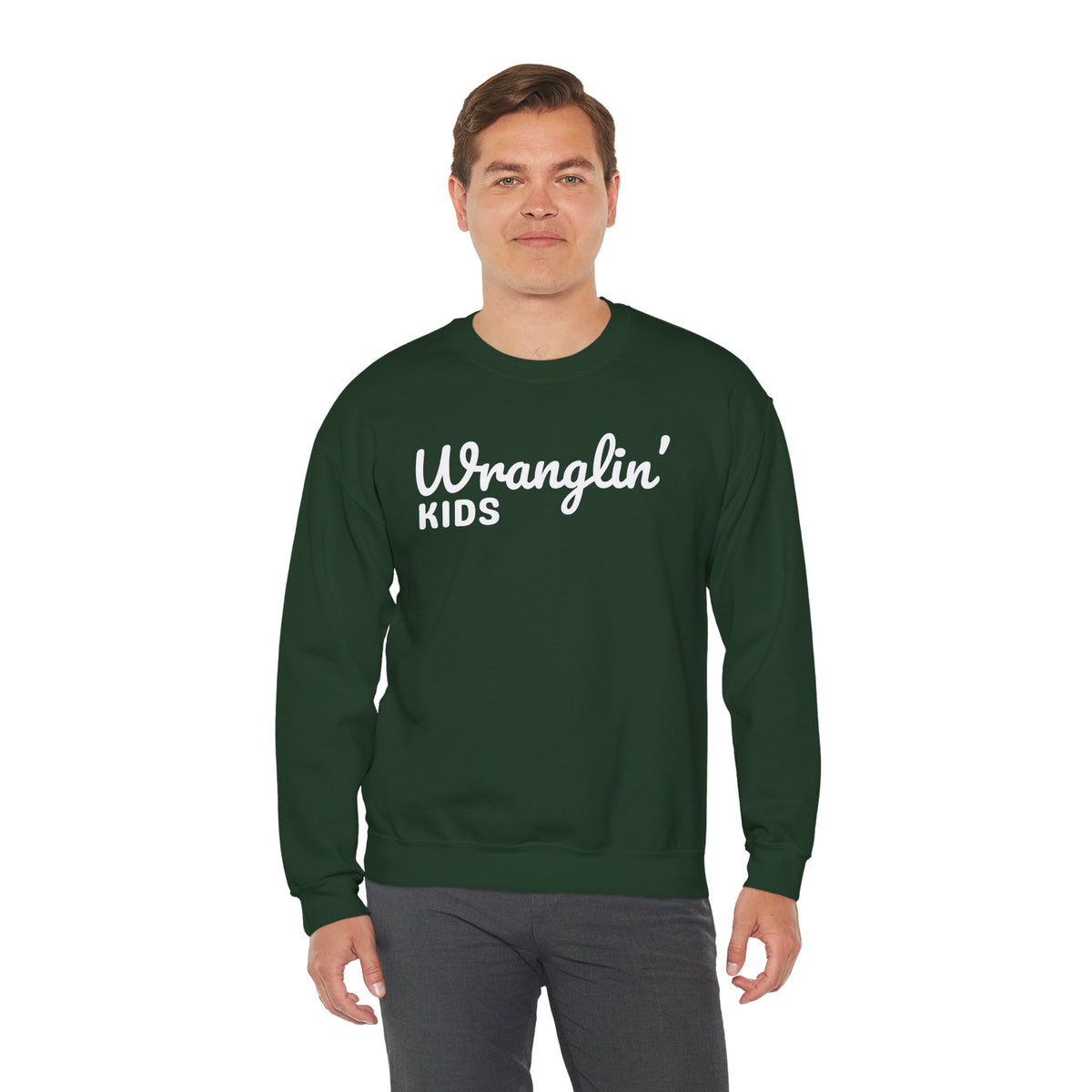 Wranglin' Kids Funny Mom Dad – Gildan Heavy Blend | Trendy Women’s and Men's Soft Sweatshirt. Direct to Garment. Printed & Shipped in the USA. Unisex Sizes.