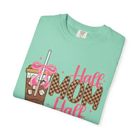 Half Mom Half Coffee. Cute Leopard Print Coffee Design - Comfort Colors | Trendy Women's T-Shirt. Direct to Garment. Printed & Shipped in the USA. Unisex Sizes.