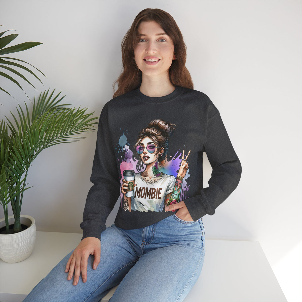 Cool Mombie with Coffee Peace Tattoo - Tired Mom – Gildan Heavy Blend | Trendy Women’s Soft Sweatshirt. Direct to Garment. Printed & Shipped in the USA. Unisex Sizes.