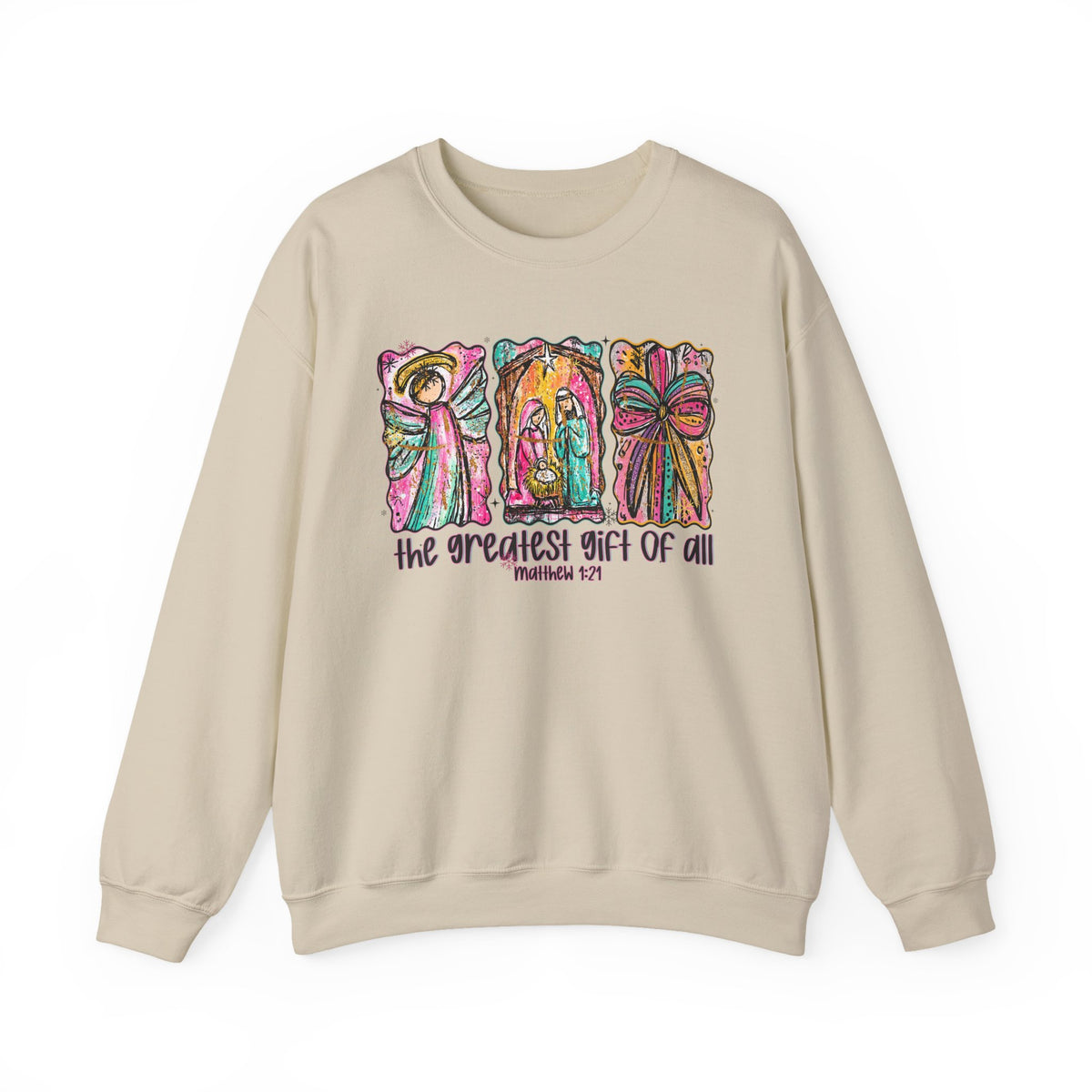 The Greatest Gift of All, Christian Tee - Preppy Watercolor – Gildan Heavy Blend | Trendy Women’s Soft Sweatshirt. Direct to Garment. Printed & Shipped in the USA. Unisex Sizes.