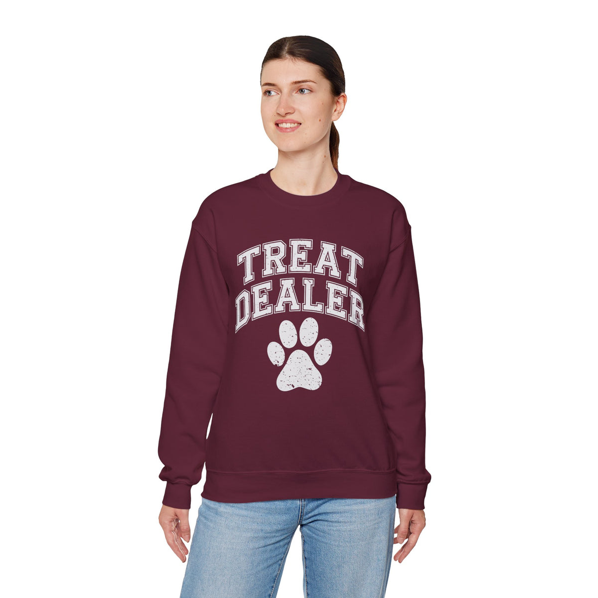 Treat Dealer, Dog Lover – Gildan Heavy Blend | Trendy Men's and Women’s Soft Sweatshirt. Direct to Garment. Printed & Shipped in the USA. Unisex Sizes.