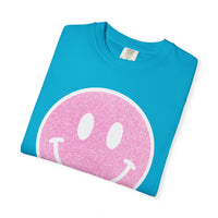 Faux Glitter Smiley - Comfort Colors | Trendy Women's T-Shirt. Direct to Garment. Printed & Shipped in the USA. Unisex Sizes.