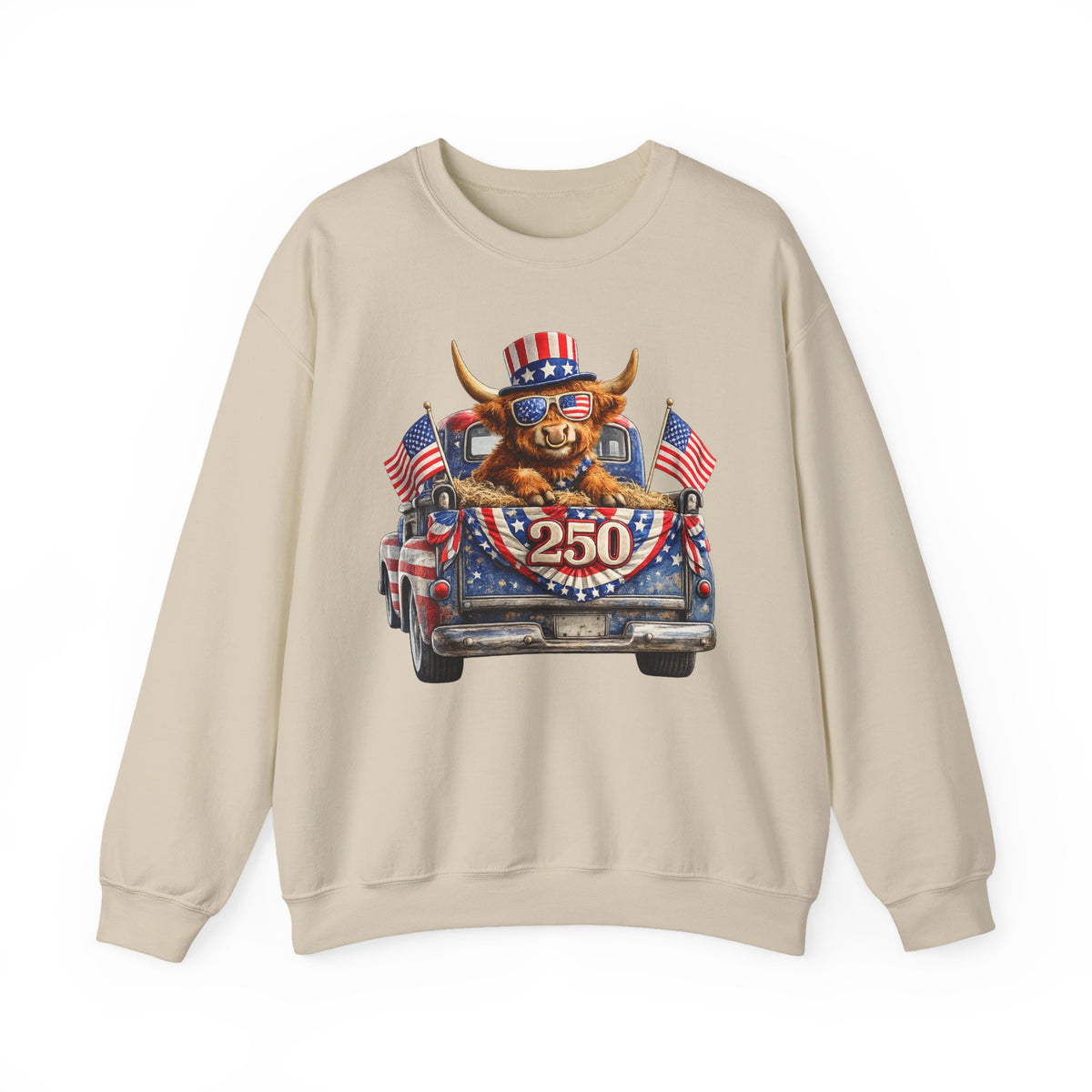 Patriotic Highland, America's 250th Birthday – Gildan Heavy Blend | Trendy Women’s and Men's Soft Sweatshirt. Direct to Garment. Printed & Shipped in the USA. Unisex Sizes.