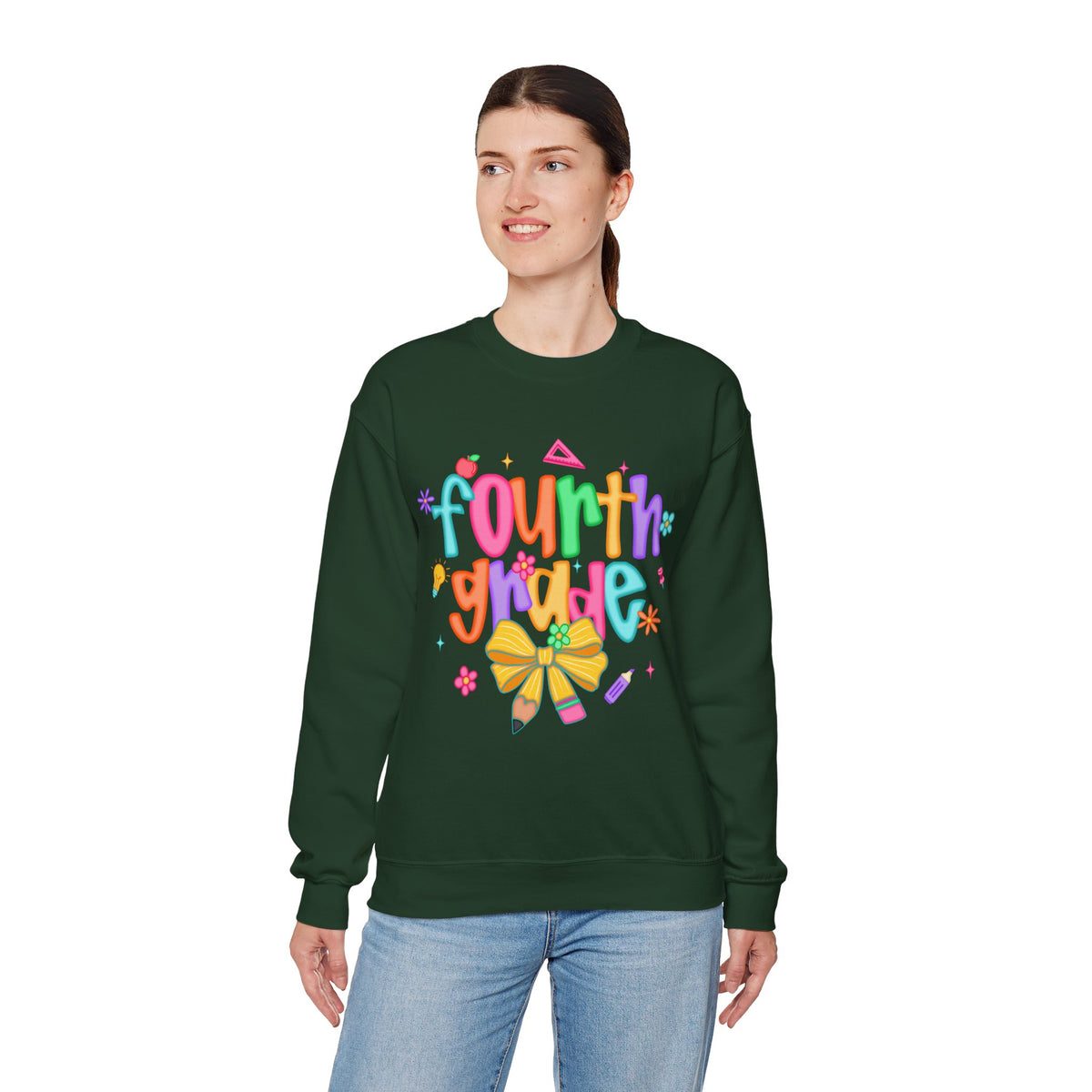 Coquette Fourth Grade Pencil Bow – Gildan Heavy Blend | Trendy Women’s Soft Sweatshirt. Direct to Garment. Printed & Shipped in the USA. Unisex Sizes.