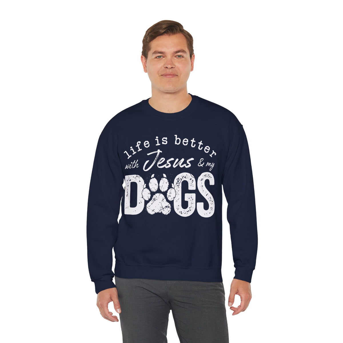 Life is Better With Jesus and My Dogs – Gildan Heavy Blend | Trendy Women’s and Men's Soft Sweatshirt. Direct to Garment. Printed & Shipped in the USA. Unisex Sizes.