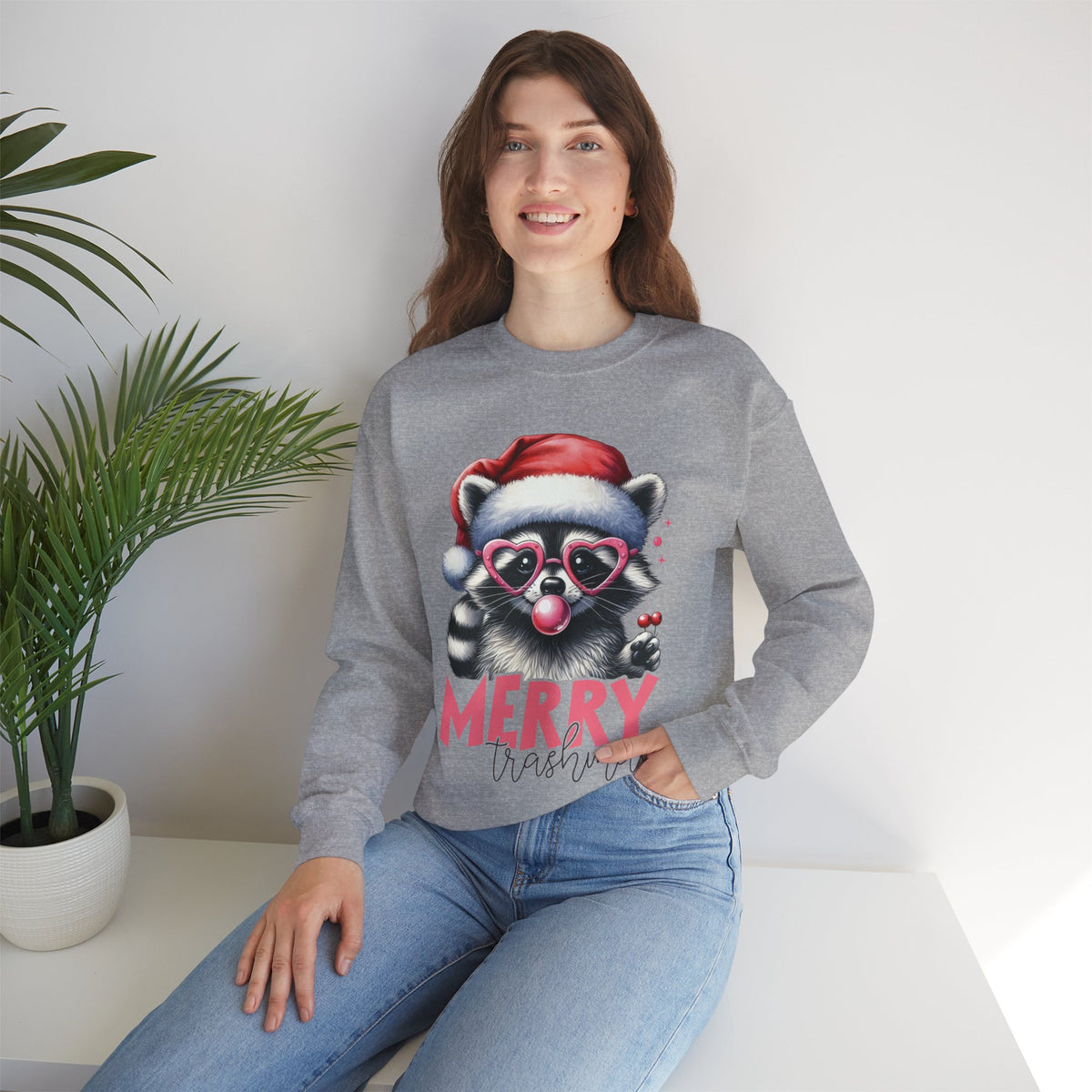 Merry Trashmas Bubblegum Raccoon w/Santa Hat Christmas – Gildan Heavy Blend | Trendy Women’s Soft Sweatshirt. Direct to Garment. Printed & Shipped in the USA. Unisex Sizes.