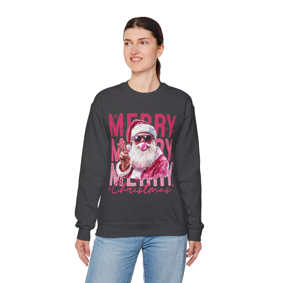 Pink Merry Christmas Bubblegum Santa – Gildan Heavy Blend | Trendy Women’s Soft Sweatshirt. Direct to Garment. Printed & Shipped in the USA. Unisex Sizes.