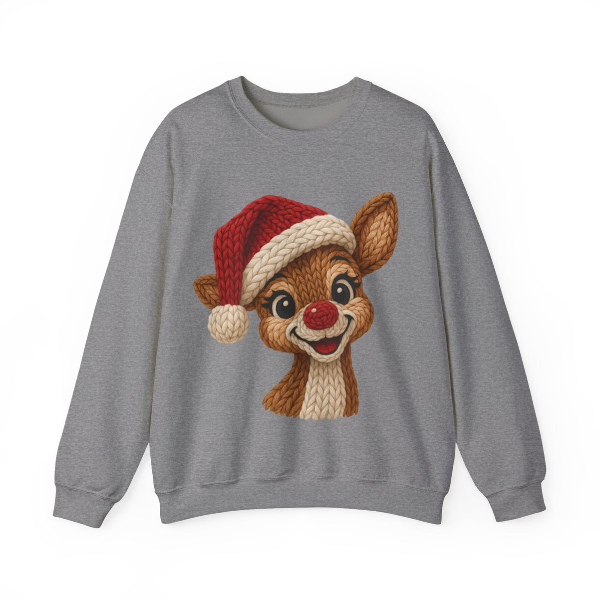 Cute Rudolph Faux Knit Look Reindeer w/Santa Hat – Gildan Heavy Blend | Trendy Women’s Soft Sweatshirt. Direct to Garment. Printed & Shipped in the USA. Unisex Sizes.