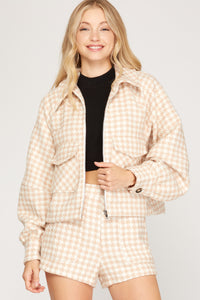 Tan & White Checkered Tweed Shorts with Pockets