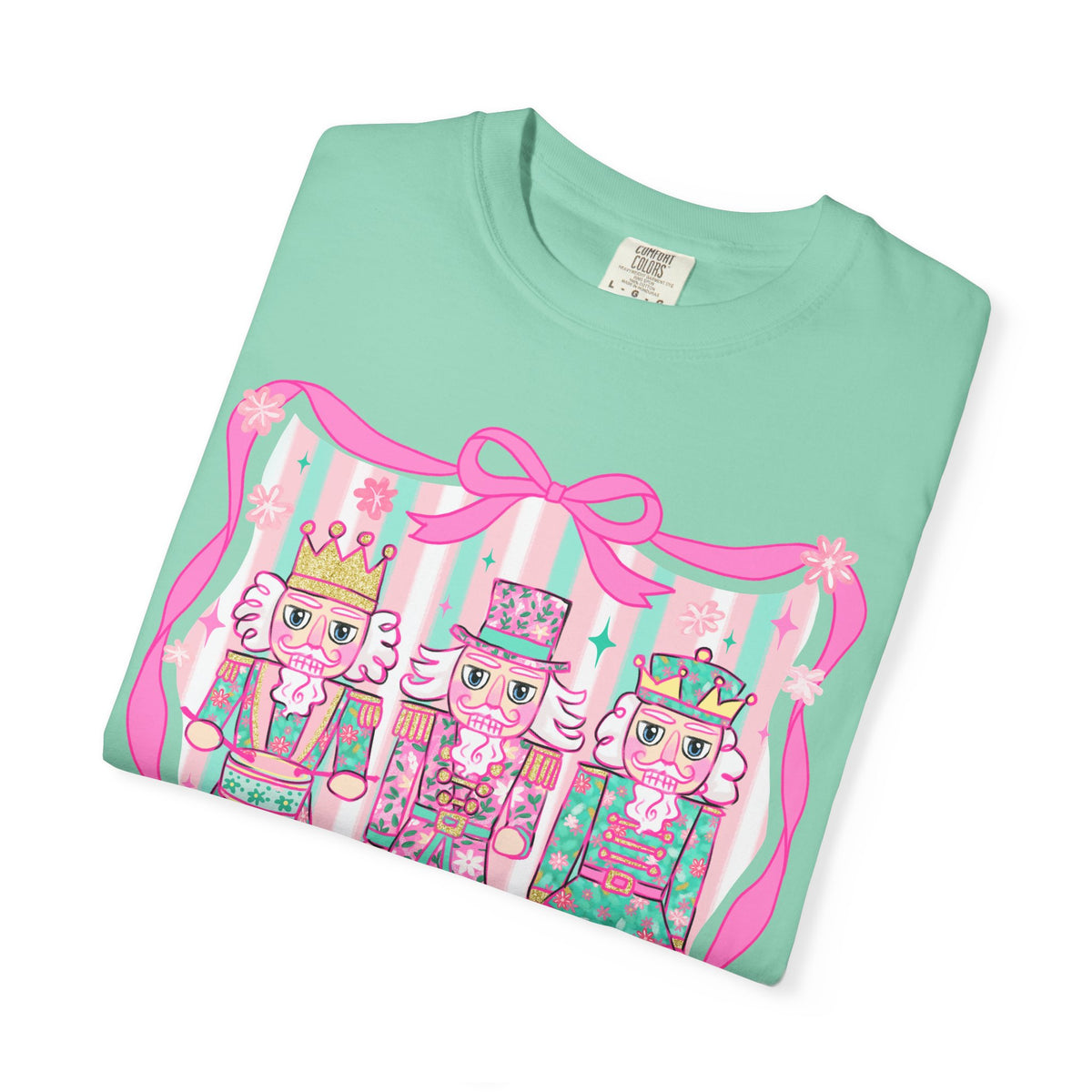 Coquette Pastel Christmas Nutcracker Trio Pink and Green - Comfort Colors | Trendy Women's T-Shirt. Direct to Garment. Printed & Shipped in the USA. Unisex Sizes.
