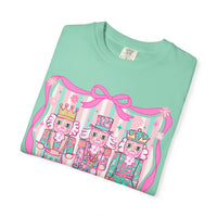 Coquette Pastel Christmas Nutcracker Trio Pink and Green - Comfort Colors | Trendy Women's T-Shirt. Direct to Garment. Printed & Shipped in the USA. Unisex Sizes.