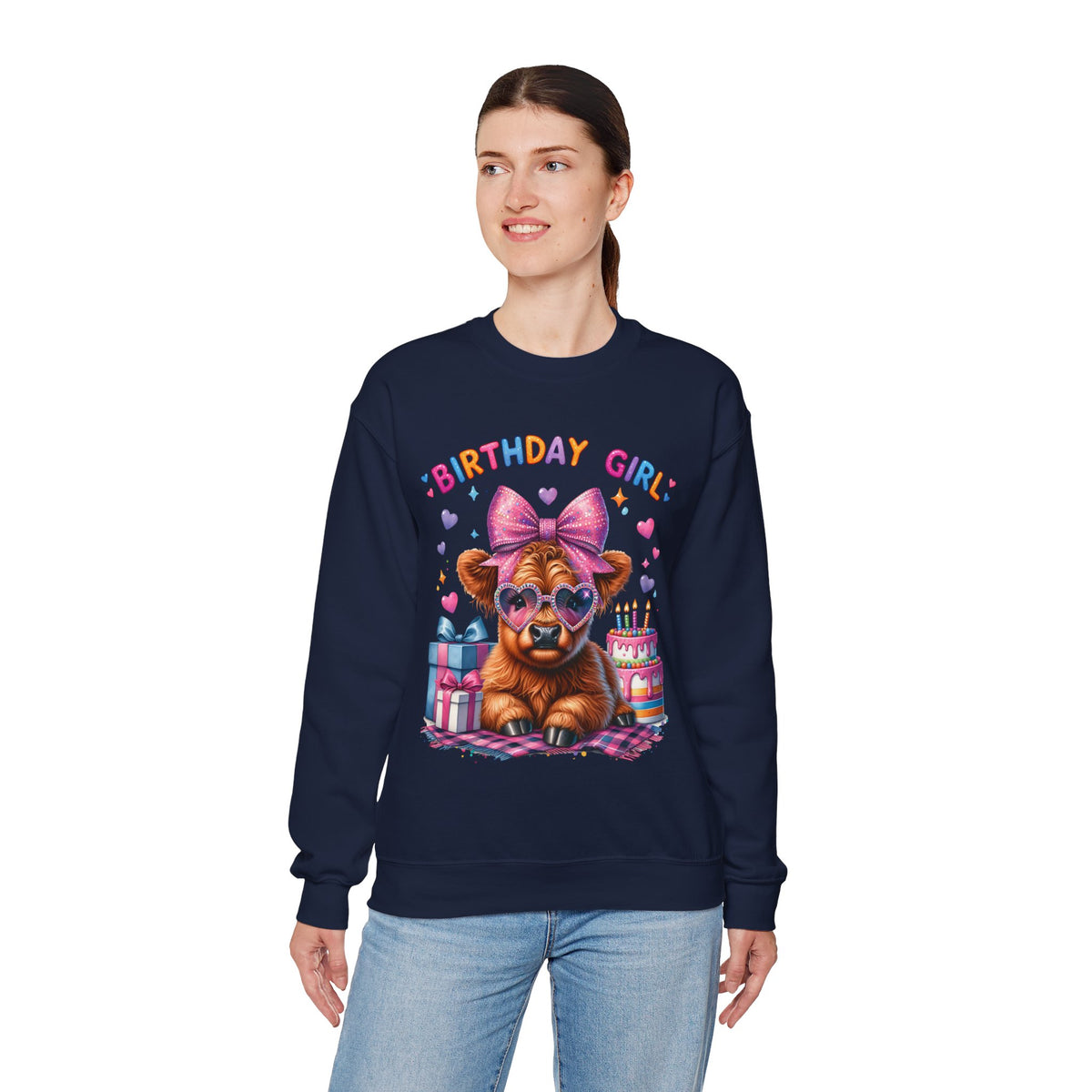 Birthday Girl, Highland Cow – Gildan Heavy Blend | Trendy Women’s Soft Sweatshirt. Direct to Garment. Printed & Shipped in the USA. Unisex Sizes.